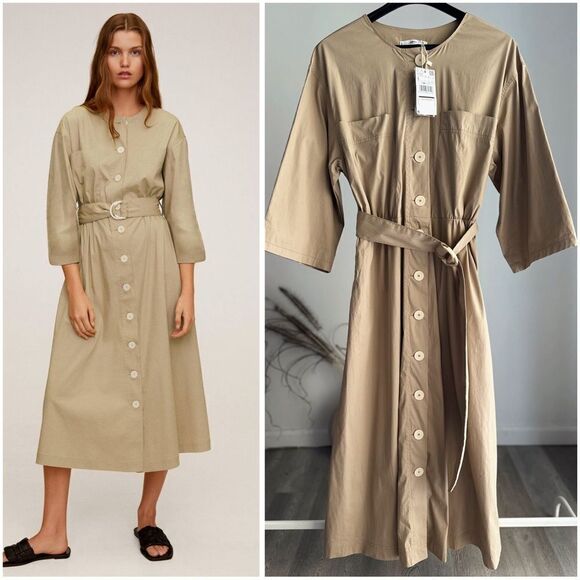 Buttons Midi Mango Dress Belted Cotton - Picture 1 of 5